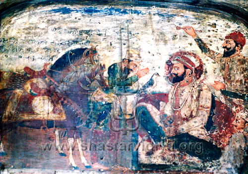 Guru Hargobind and Bhai Bidhi Chand, fresco, Akal Takht (pre-1984), Punjab