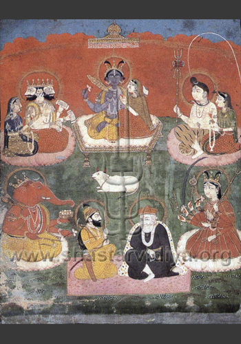 Conceptual painting depicting Guru Nanak, Guru Gobind Singh, Brahma, Vishnu, Shiva, Ganesh and Chandi, 18th century, Punjab