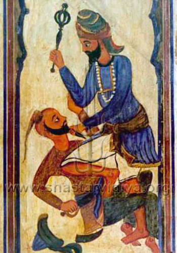 Nihang subduing an enemy in the style of Viraha Yudhan, fresco, Pothimala, Punjab