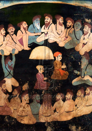 Guru Nanak in the company of Sadhus, Bhai Rupa collection, Punjab
