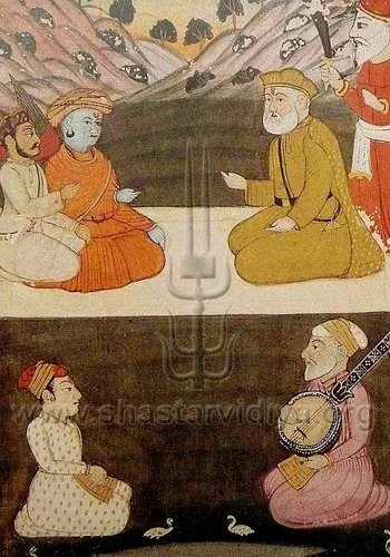 Imaginary meeting between 2 famous Punjabis - Guru Gorakhnath and Guru Nanak, painting, circa 18th century, Punjab
