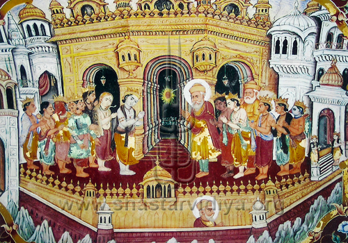An image from Baba Atal in Amritsar depicting Guru Nanak alongside all the Hindu Devas (dieties) and the great Kabir; all are seen paying homage to the divine light at Hari Mandir (the Golden Temple), fresco, mid 19th century, Amritsar, Punjab