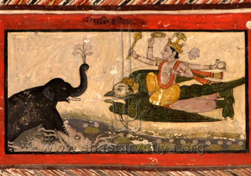 Vishnu seated on Garuda saving the elephant Gajendra, fresco, Una, Punjab