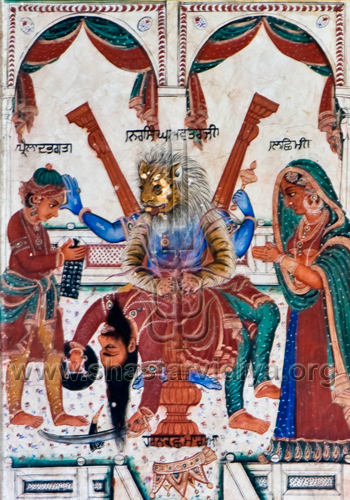 Narsingha depicted ripping apart the chest of Harnakasha, fresco, Amritsar, Punjab
