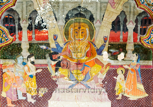 Narsingha depicted ripping apart the chest of Harnakasha, fresco, Patiala, Punjab
